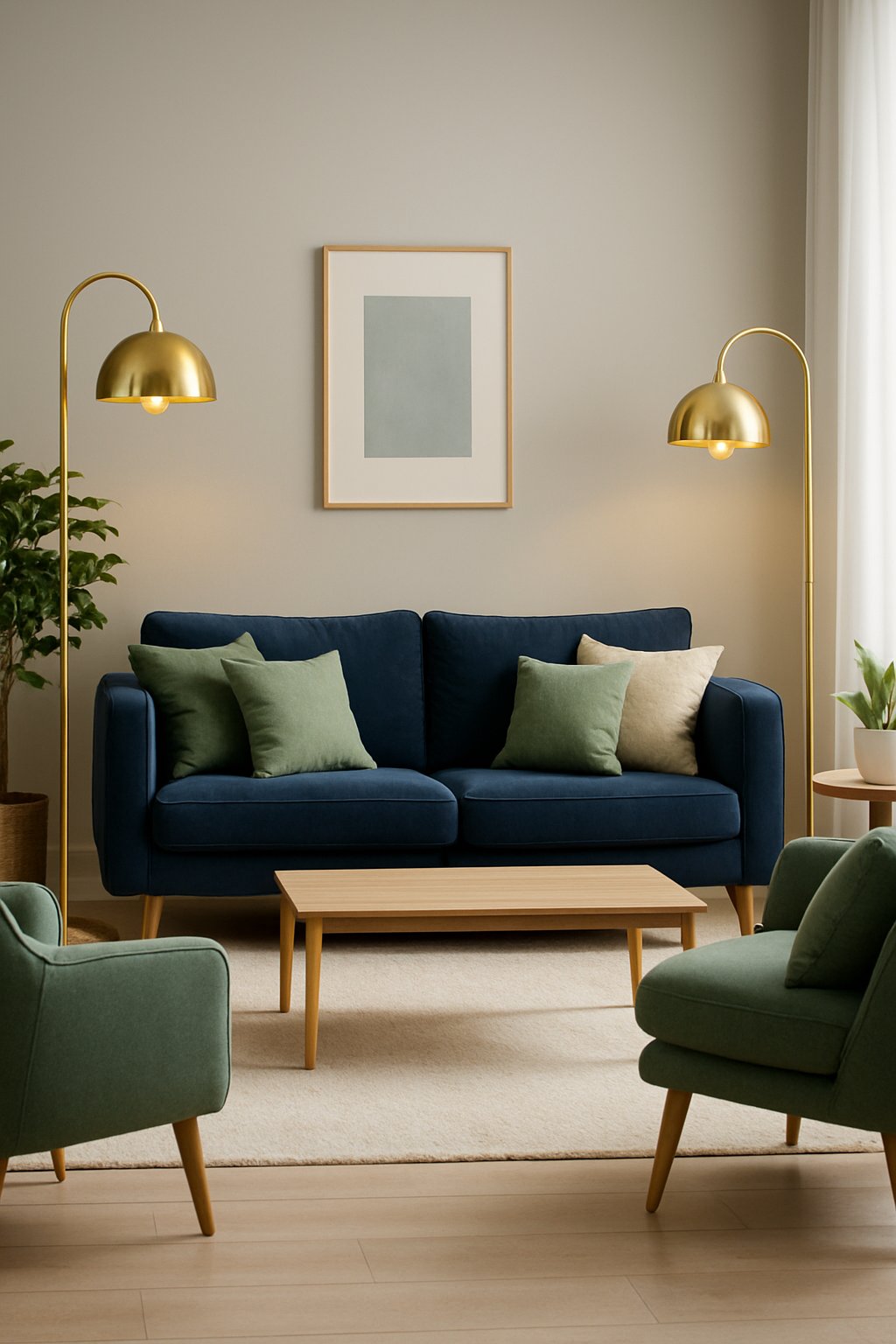 Living room with gold brass floor lamps, navy blue sofa, and sage green chairs and decor.