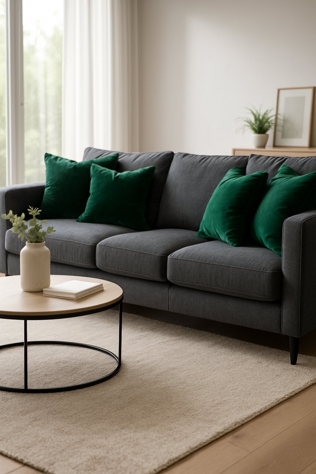 Living room with a charcoal gray couch decorated with green velvet cushions and natural light coming through windows.