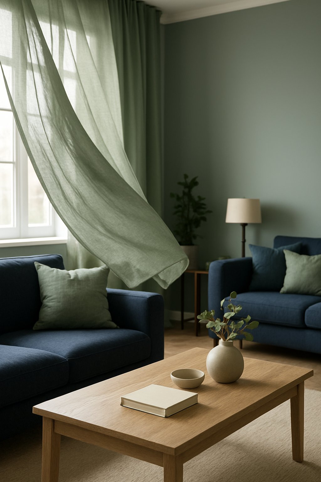 A living room with flowing sage linen curtains, navy blue sofas, and sage green cushions near a large window.