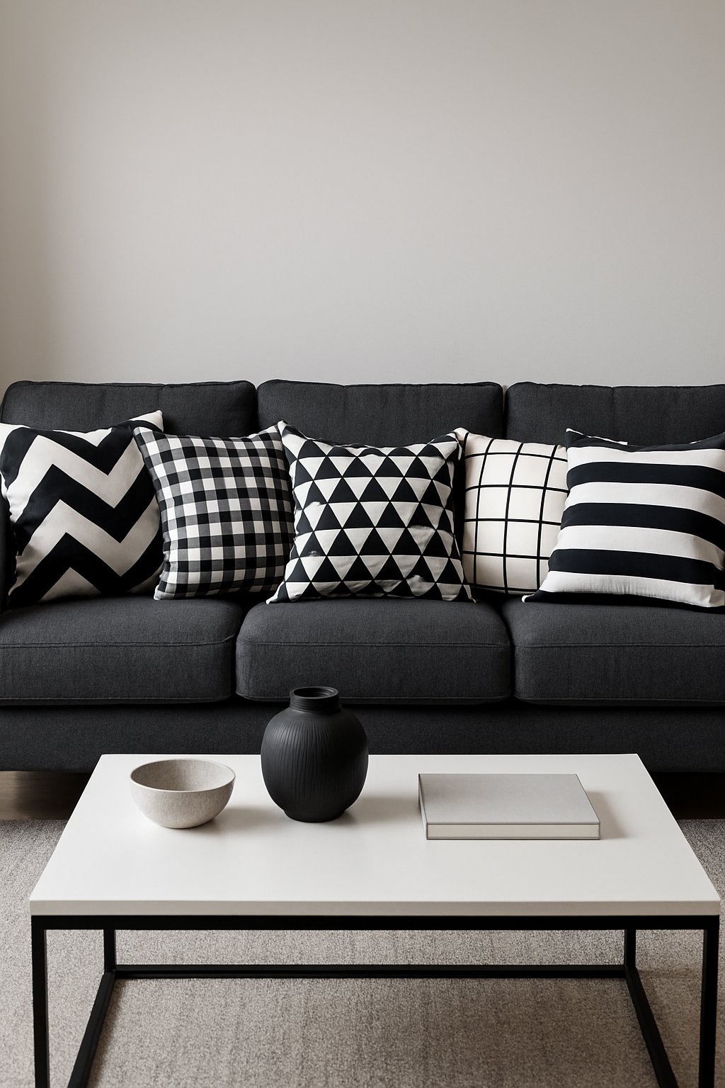 A living room with a charcoal gray couch covered in black and white geometric pillows, a coffee table in front, and neutral walls in the background.