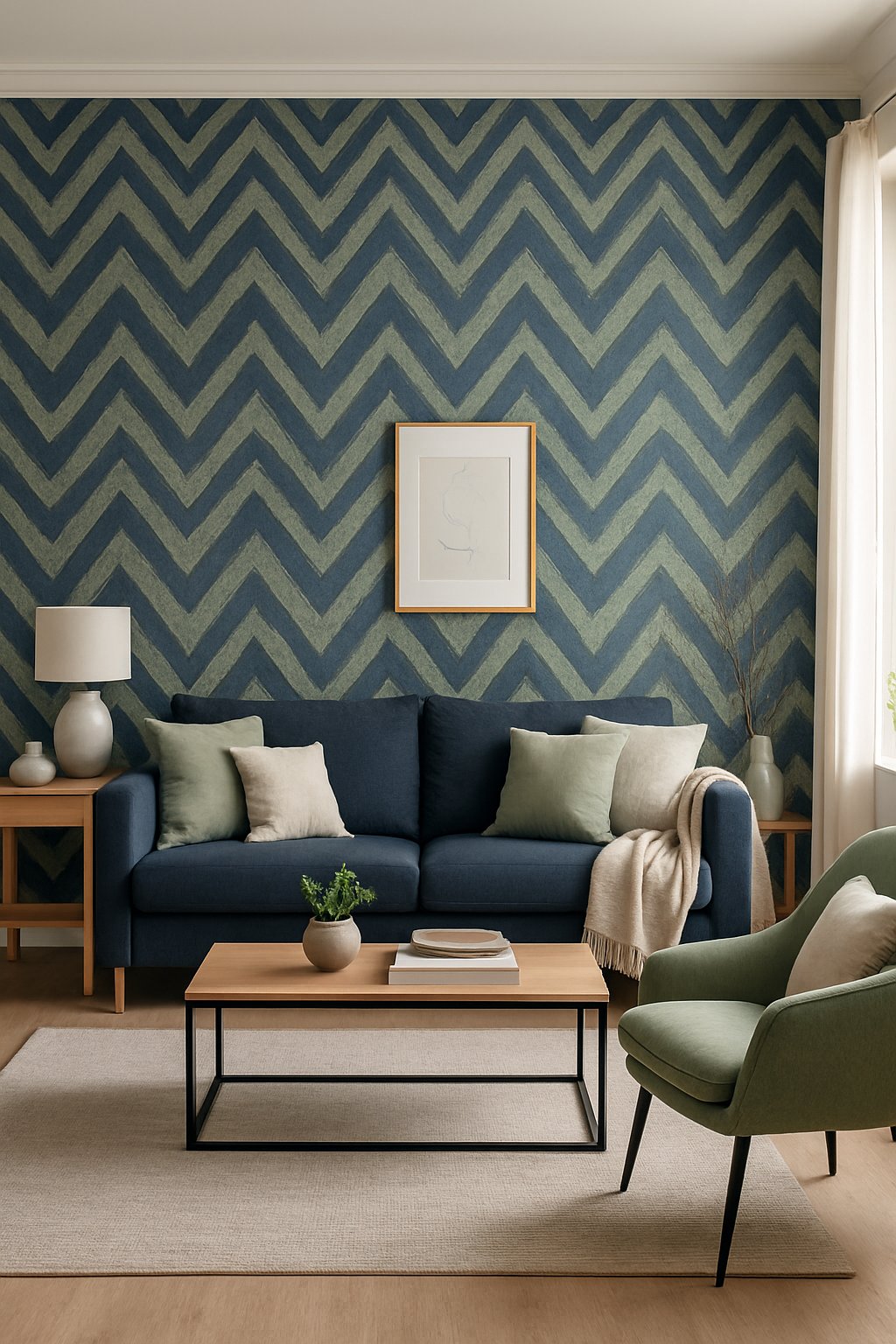 A living room with navy and sage chevron wallpaper, a sofa, armchair, coffee table, and decorative accents.