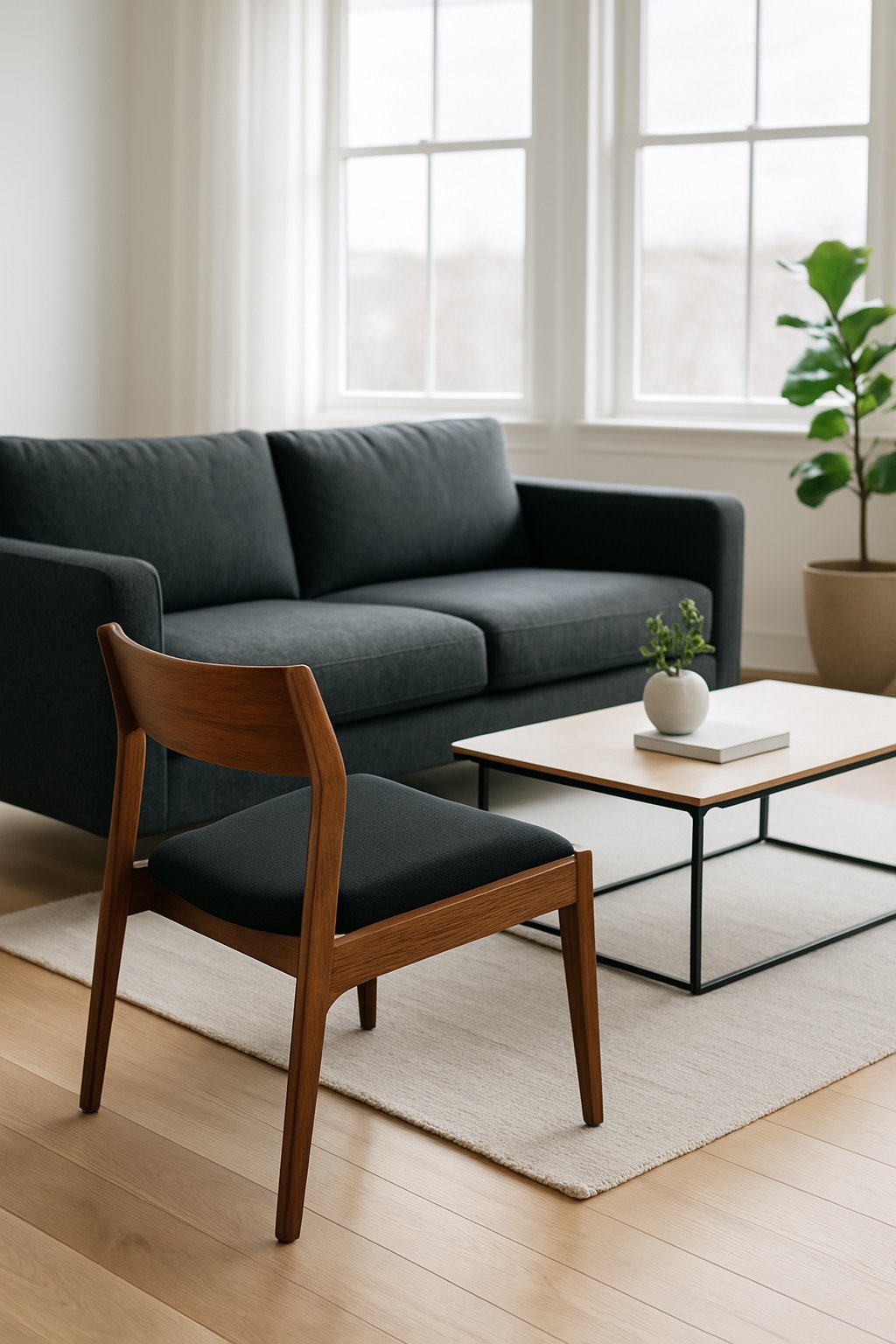 Living room with a charcoal gray couch and a wooden side chair next to it, featuring a bright and clean interior.