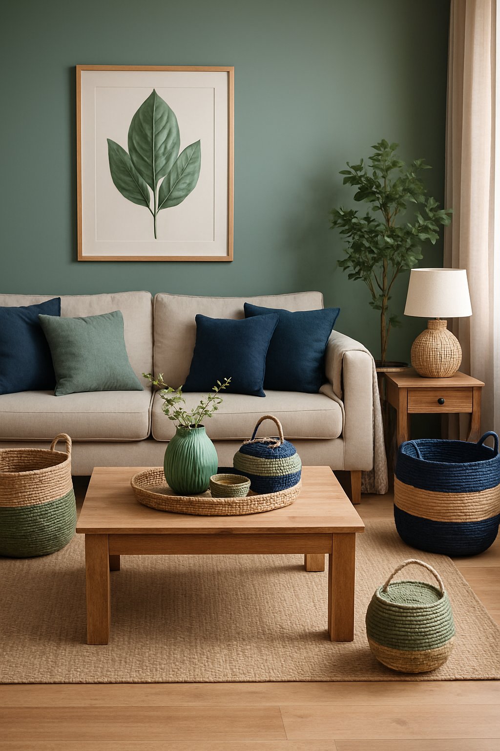 Living room with woven baskets and cushions in sage green and navy blue colors arranged around a sofa and coffee table.
