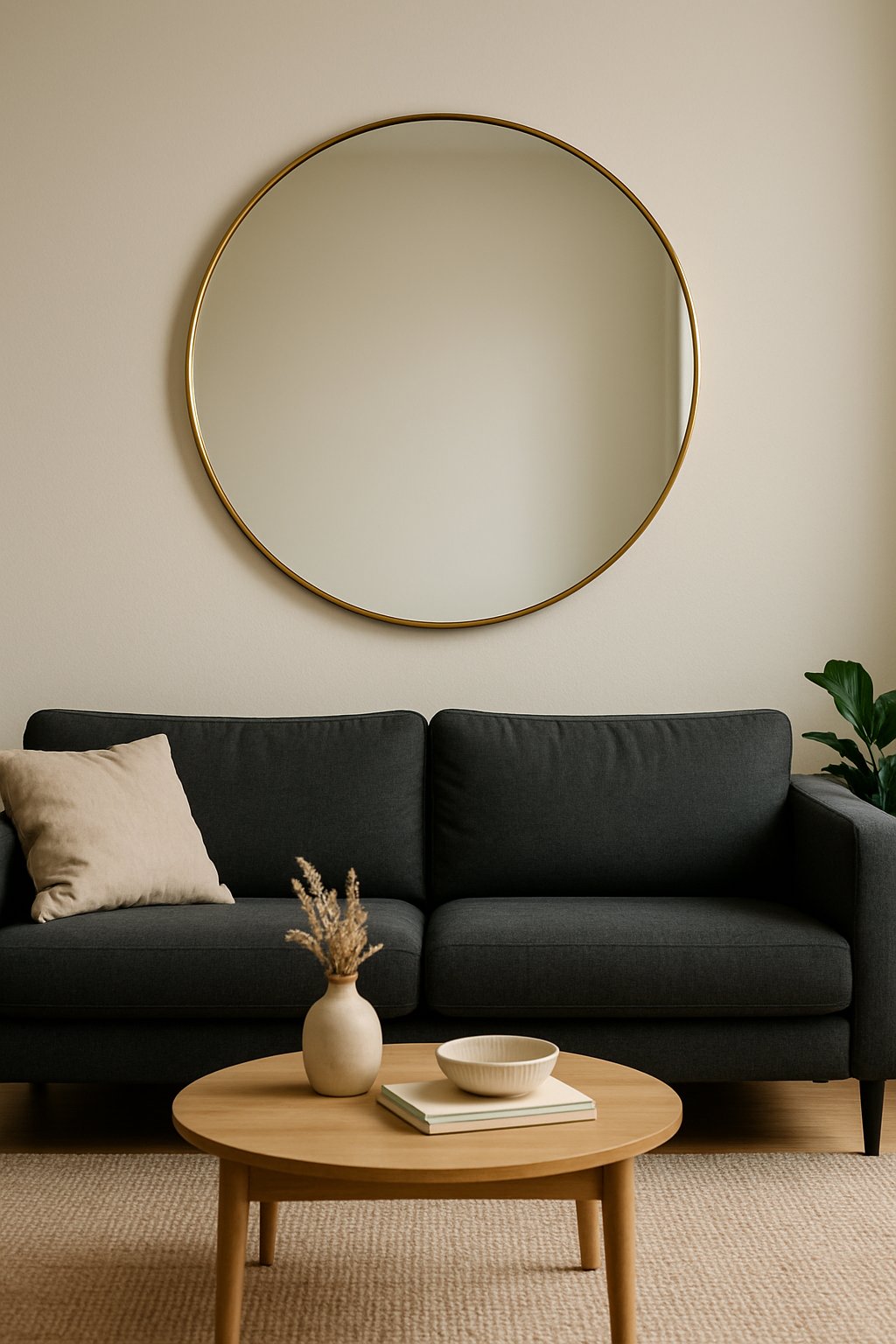 Living room with a large round brass-trimmed mirror hanging on the wall behind a charcoal gray couch.