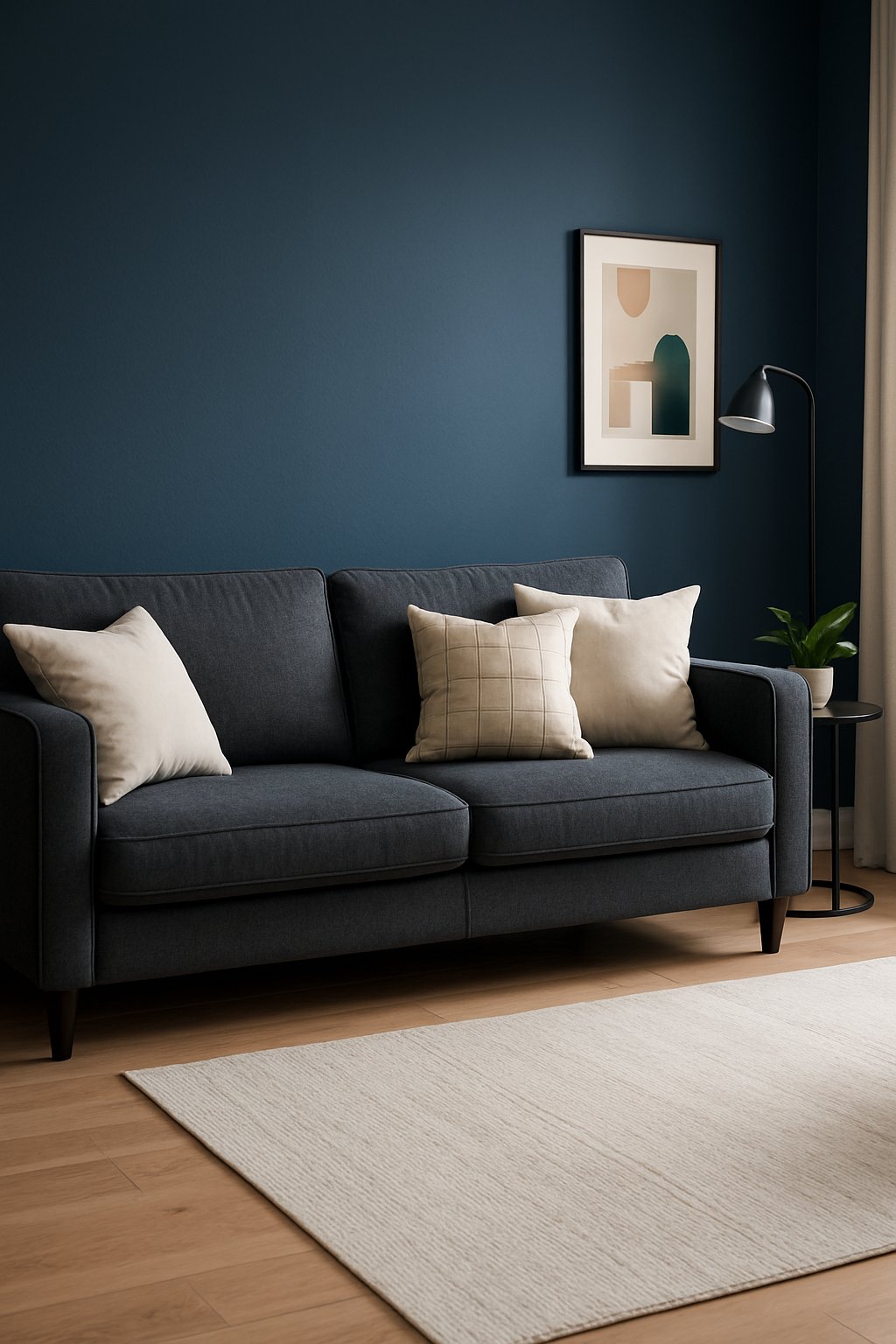 A living room with a charcoal gray couch against a navy blue wall, featuring a floor lamp, side table with a plant, and framed artwork.