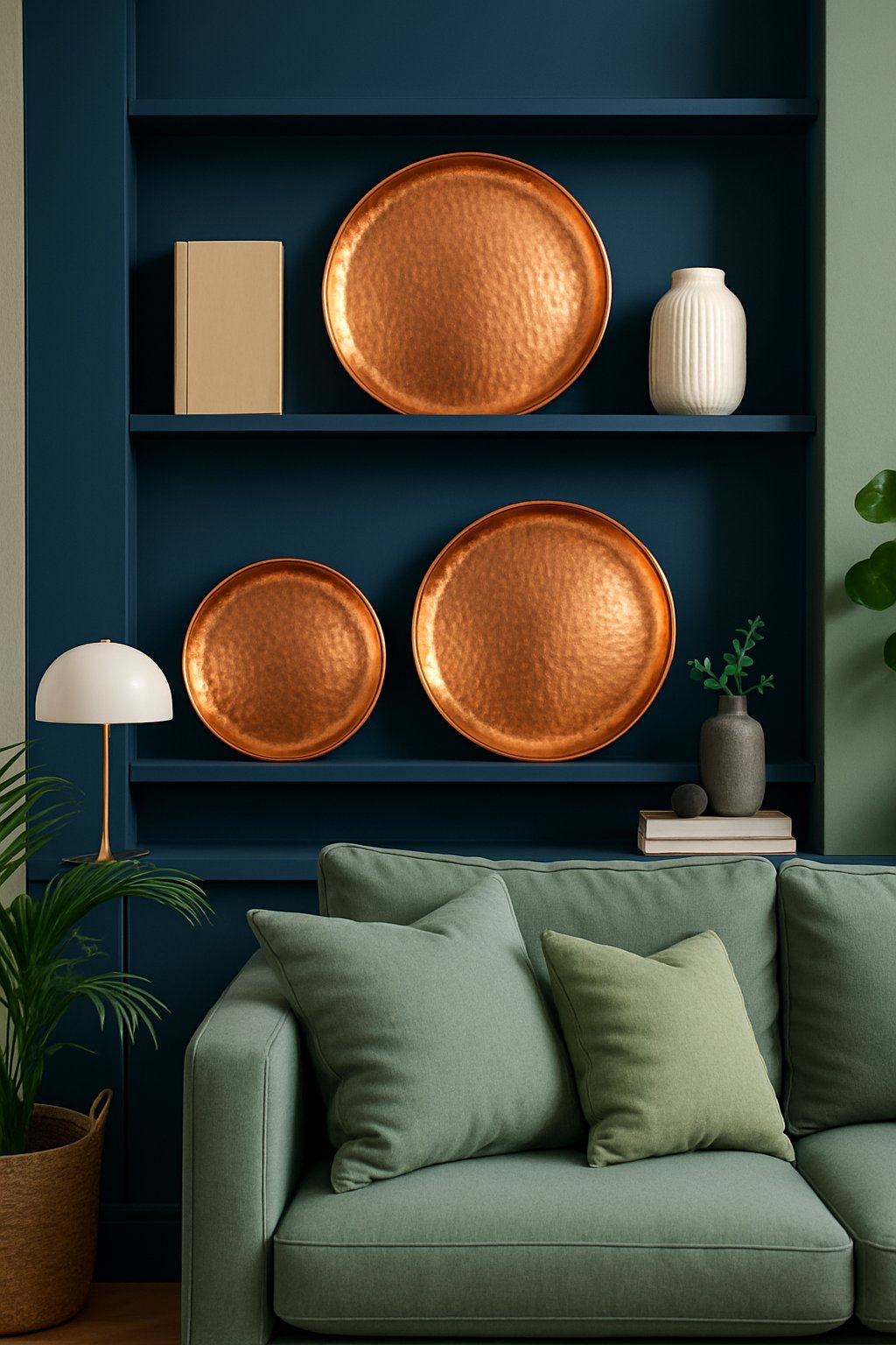 Copper decorative trays displayed on navy blue shelves in a living room with navy and sage green accents.