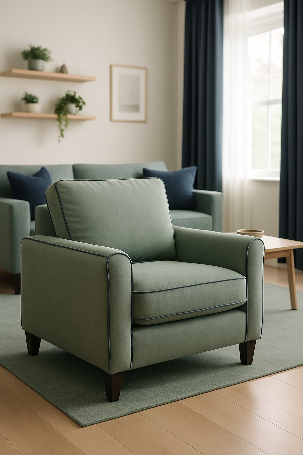 A living room with a sage green armchair featuring navy stitching, surrounded by navy and sage decor.