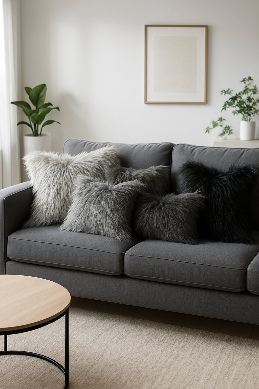 A charcoal gray couch in a living room with several dark faux fur pillows arranged on it, surrounded by minimalist decor and plants.