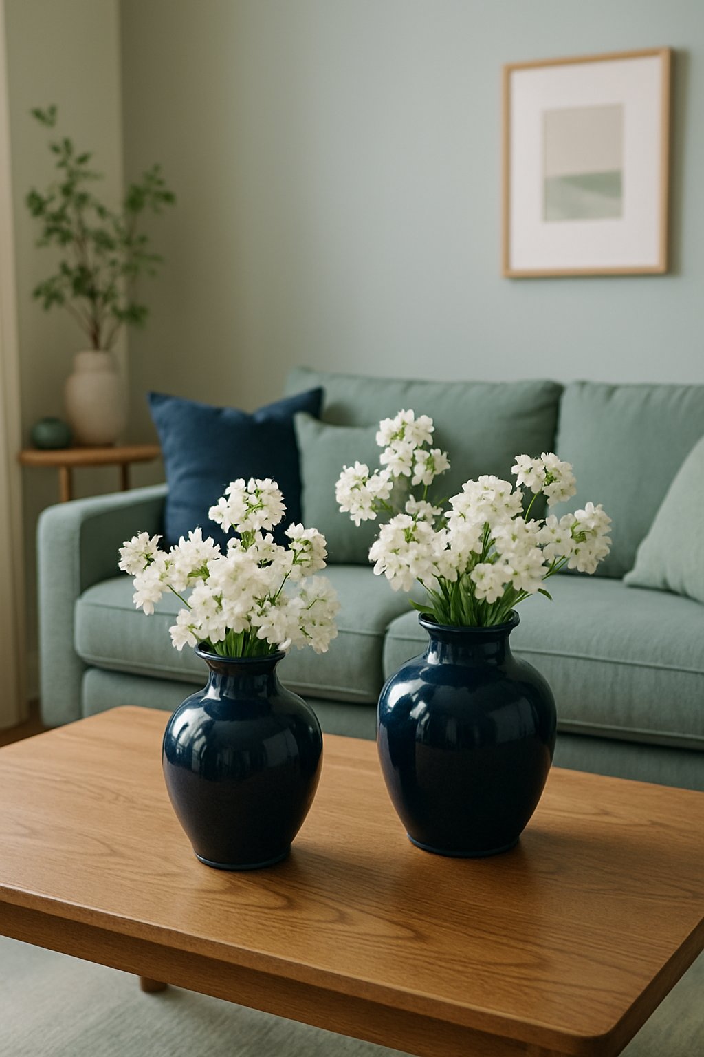 Living room with navy ceramic vases holding fresh white flowers on a wooden table, surrounded by sage and navy colored decor.
