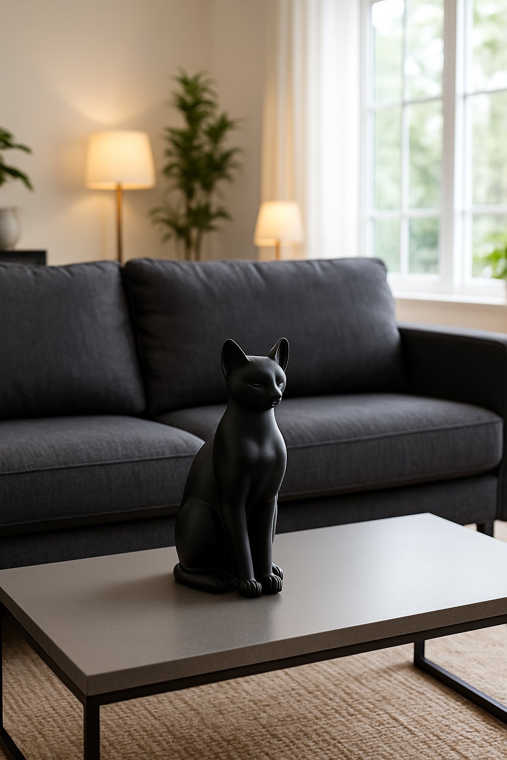Living room with a charcoal grey couch and a black cat statue on a coffee table.