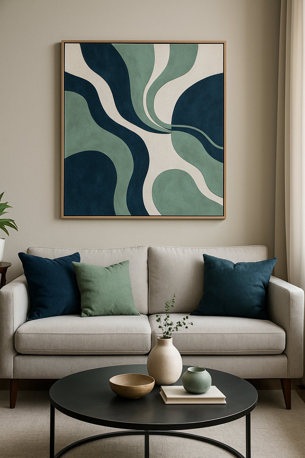 A living room with a sofa, coffee table, and abstract wall art in green and blue colors.