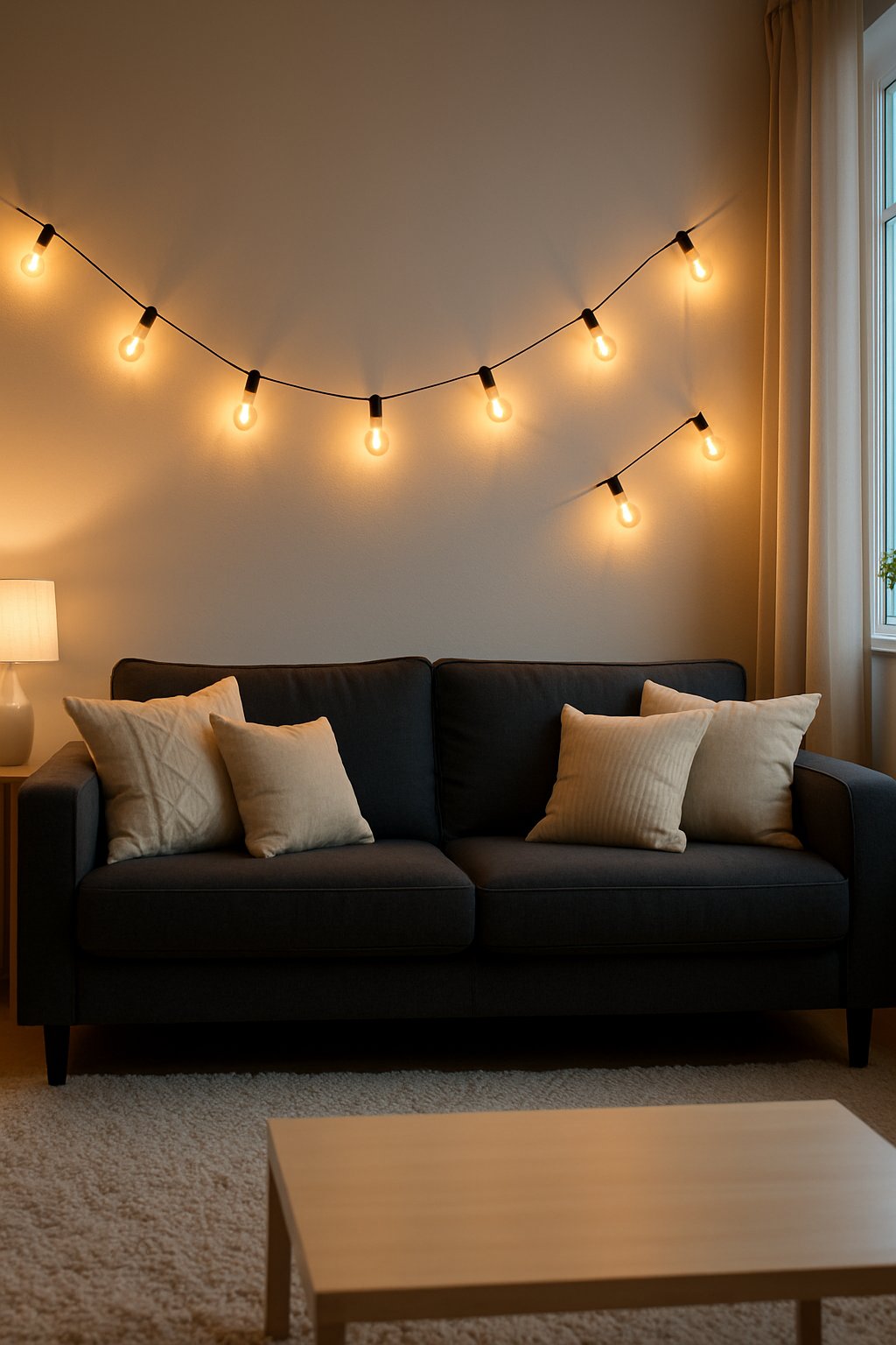 Living room with a charcoal couch and warm Edison bulb string lights hanging above it.