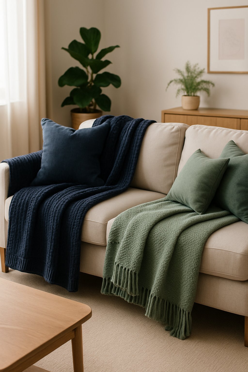A living room couch with navy blue and sage green blankets neatly layered and matching pillows, surrounded by a wooden coffee table and indoor plants.