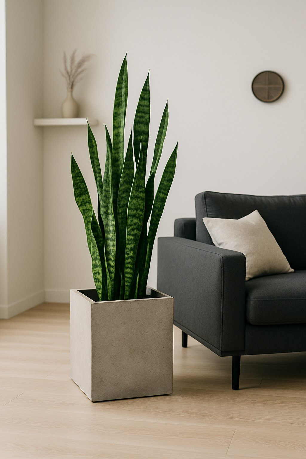 Living room with a charcoal couch and a concrete planter holding snake plants.