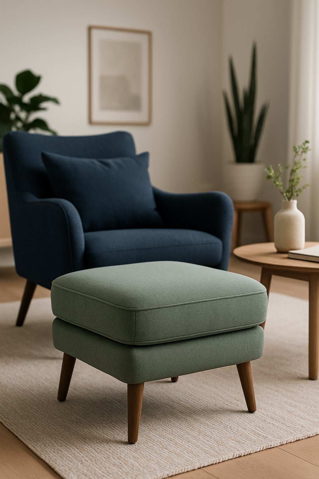 A living room with a sage green ottoman and a navy blue lounge chair arranged together.
