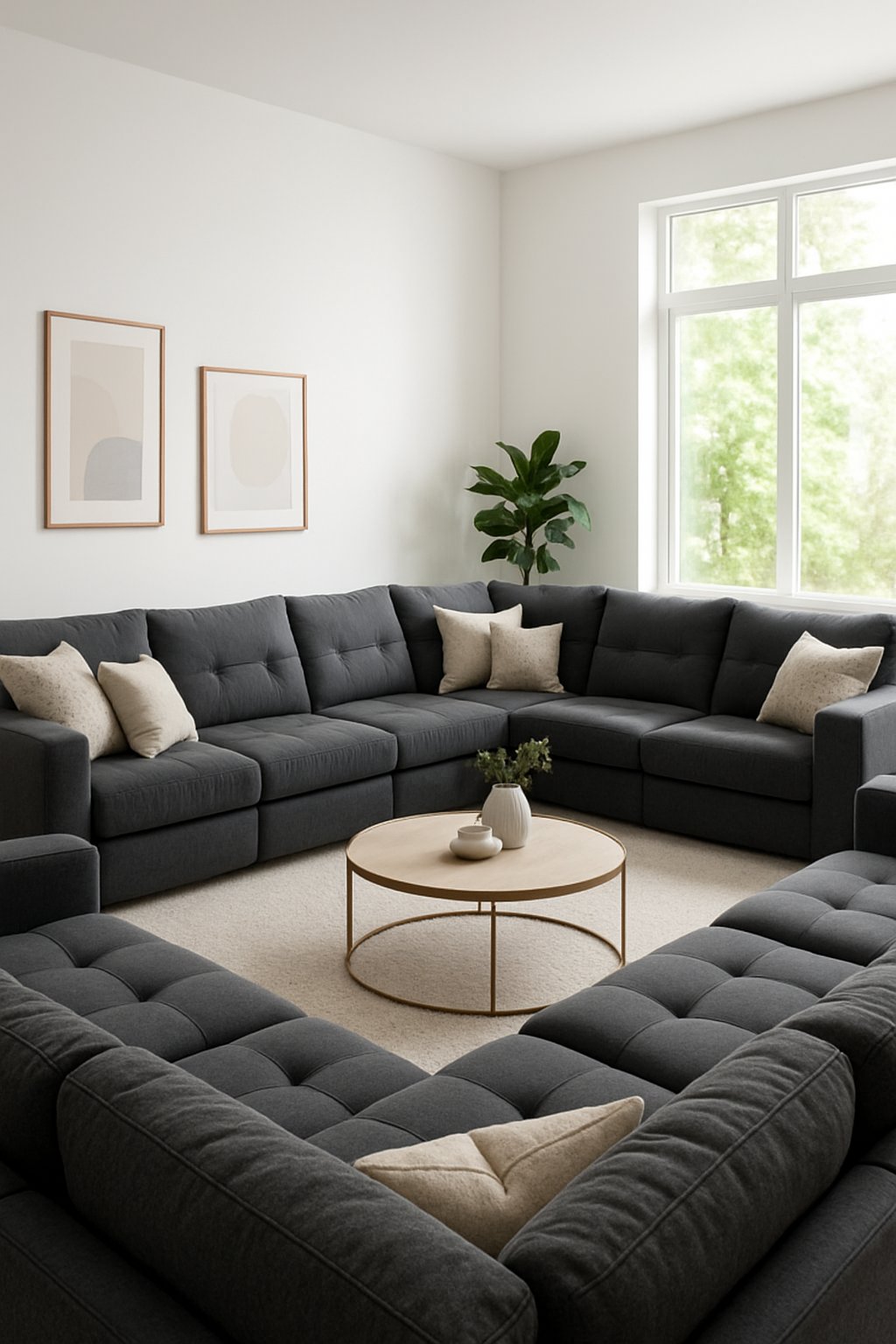 A spacious living room with a large charcoal gray sectional couch and rose gold picture frames on the walls.
