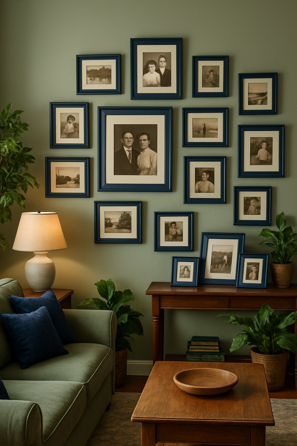 Living room with navy blue picture frames displaying vintage photos, sage green sofas, and coordinated decor.