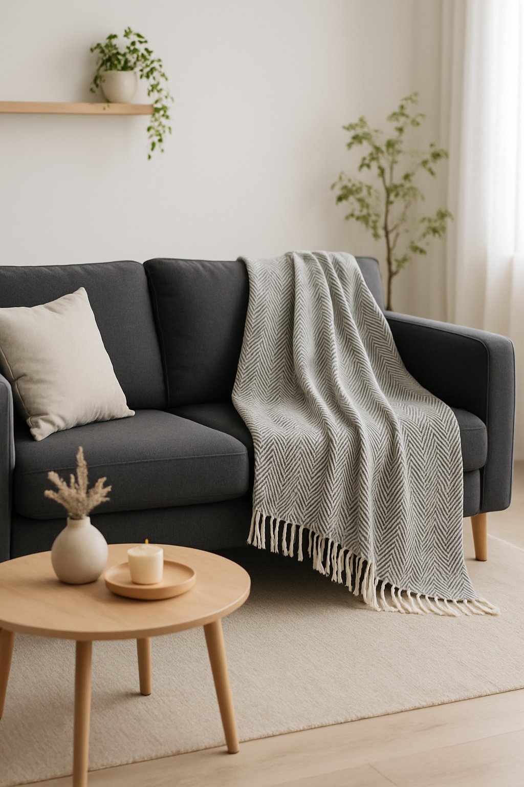 A charcoal grey couch in a living room with a grey and white patterned throw blanket draped over it.