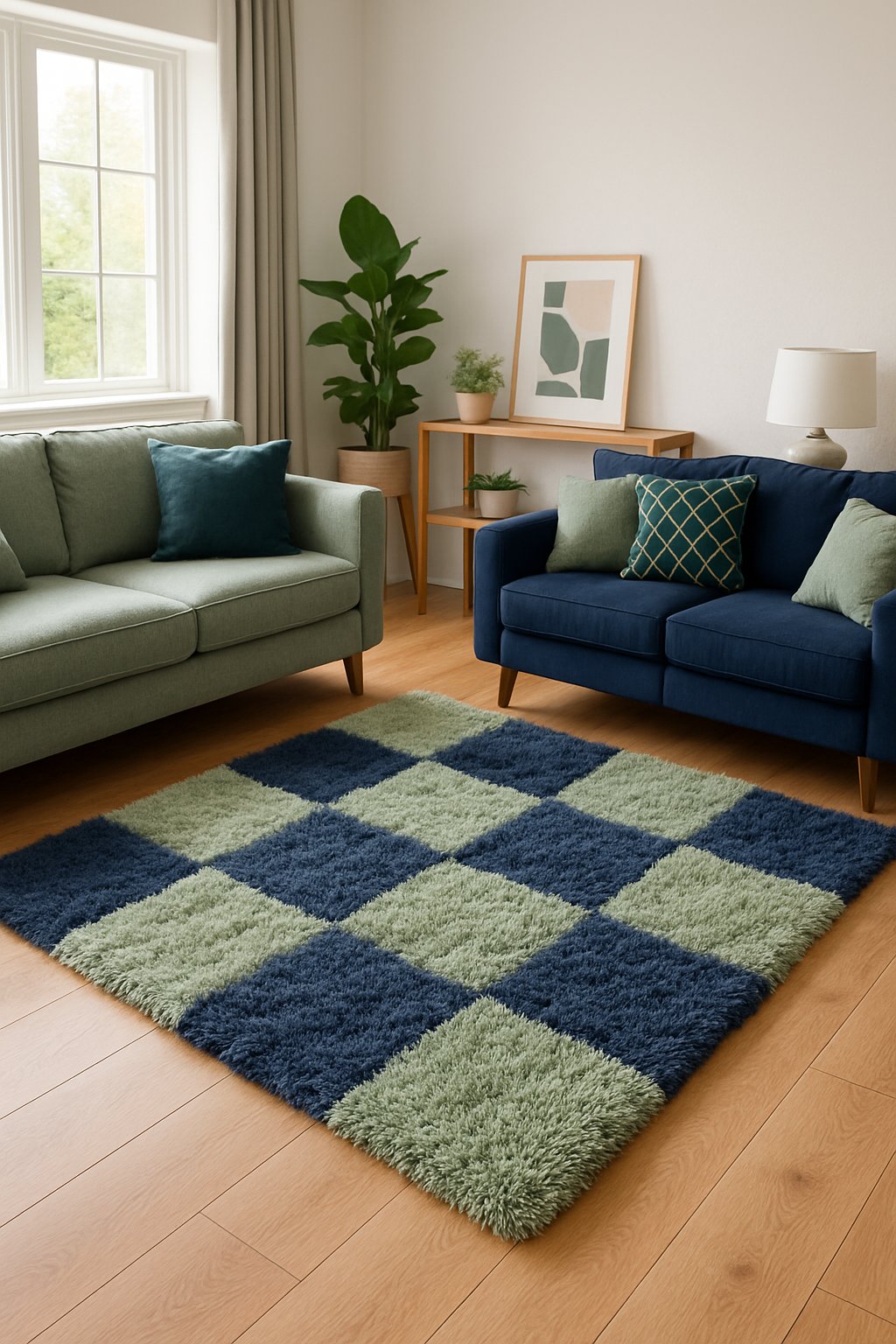 Living room with multiple fluffy sage and navy throw rugs on hardwood floors, surrounded by matching sofas and cushions.