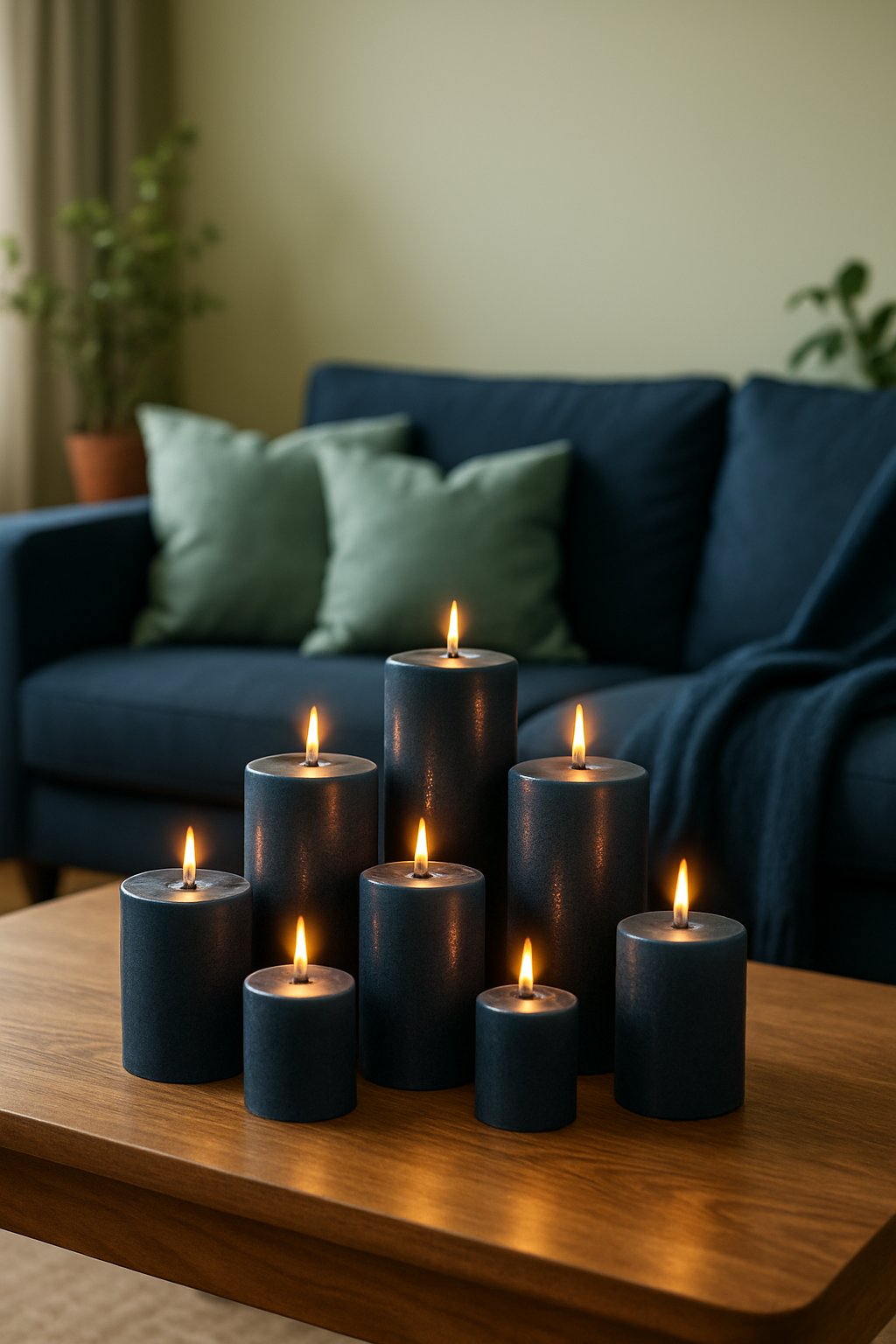 A living room with navy pillar candles on a wooden table surrounded by navy and sage green cushions and decor.