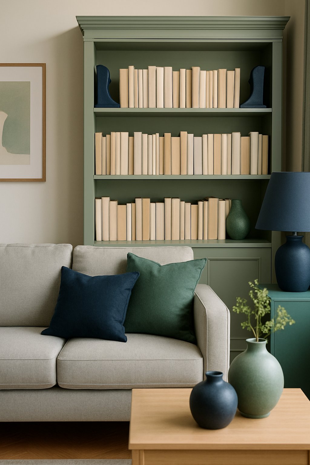 A living room with a sage-painted bookshelf holding books supported by navy blue bookends, surrounded by matching decor.