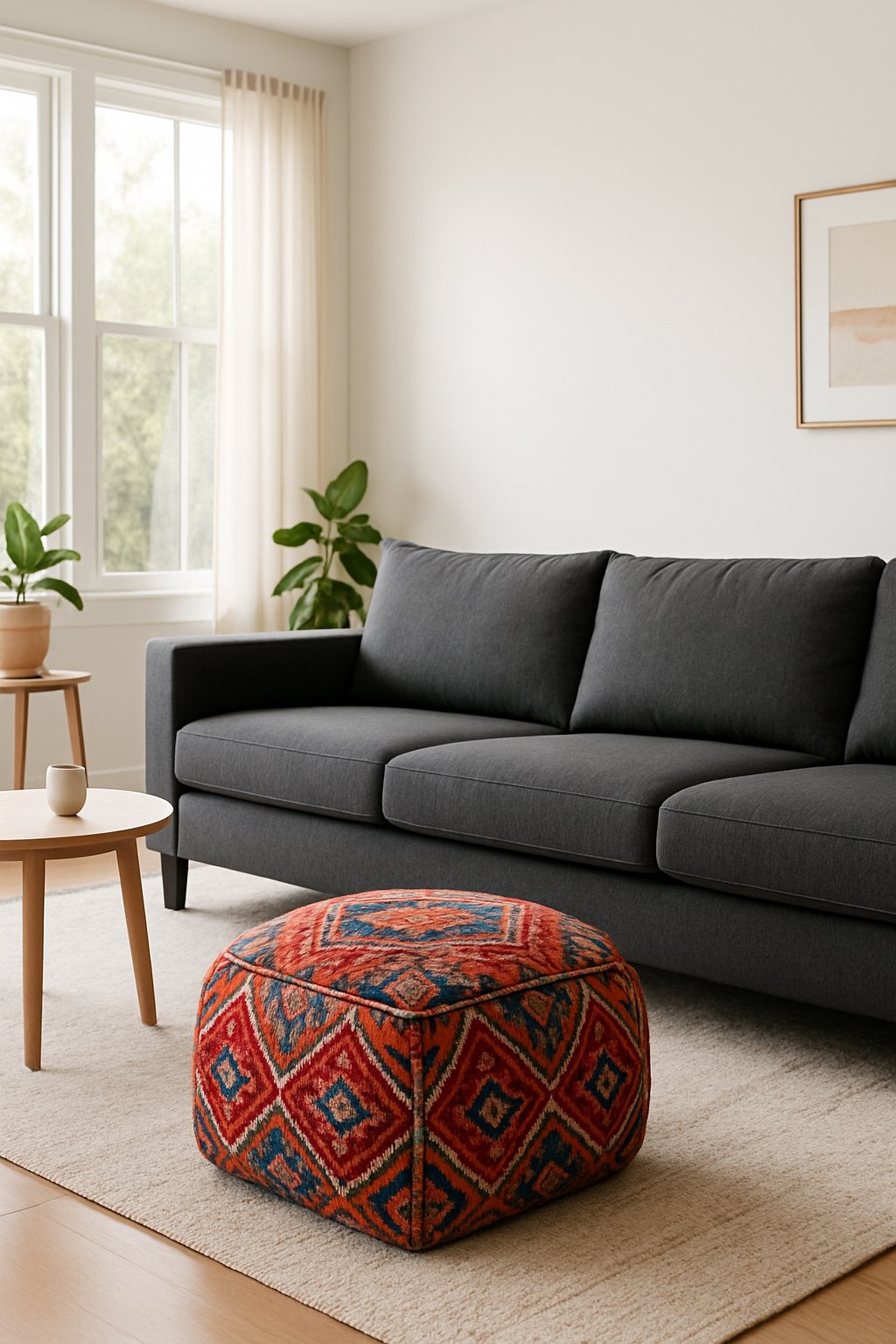 Living room with a charcoal couch and a colorful Moroccan pouf used as extra seating.