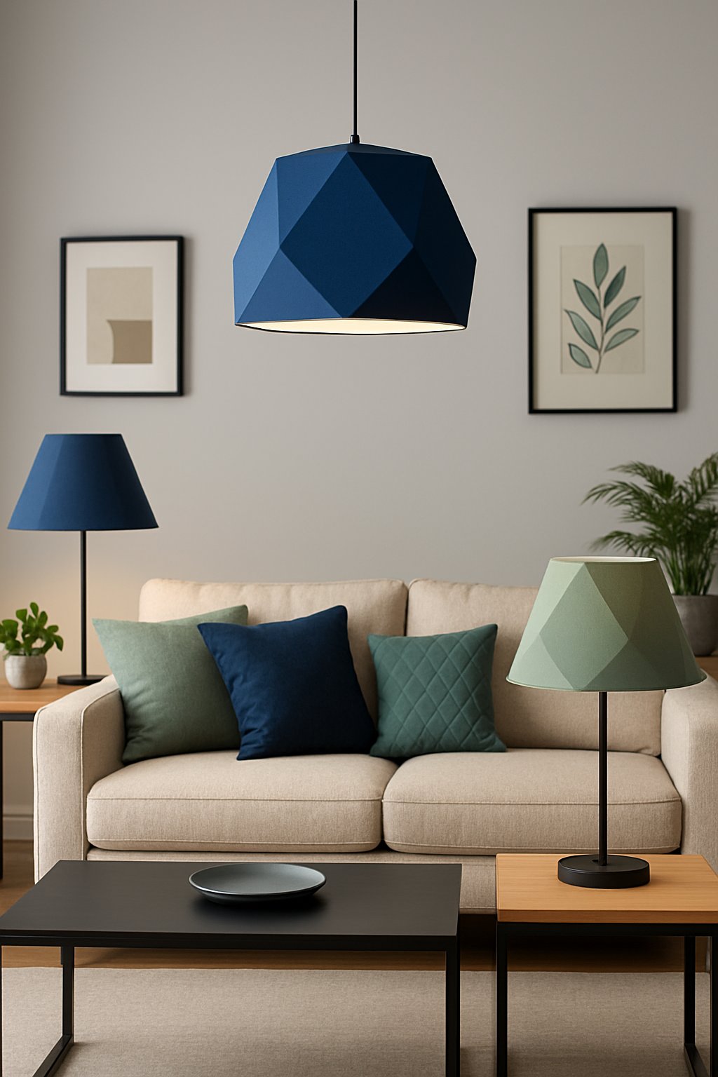 A living room with navy blue and sage green geometric lampshades, a sofa, coffee table, and plants.