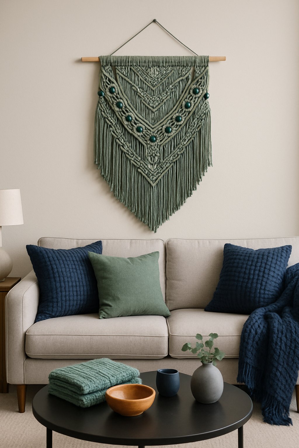 Living room with a sage green macrame wall hanging decorated with navy blue beads above a sofa with navy and sage colored pillows.