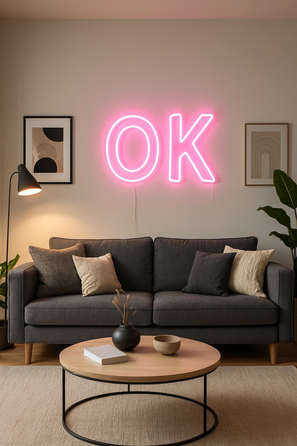 Living room with a large charcoal couch and a colorful neon sign on the wall, surrounded by modern furniture and plants.