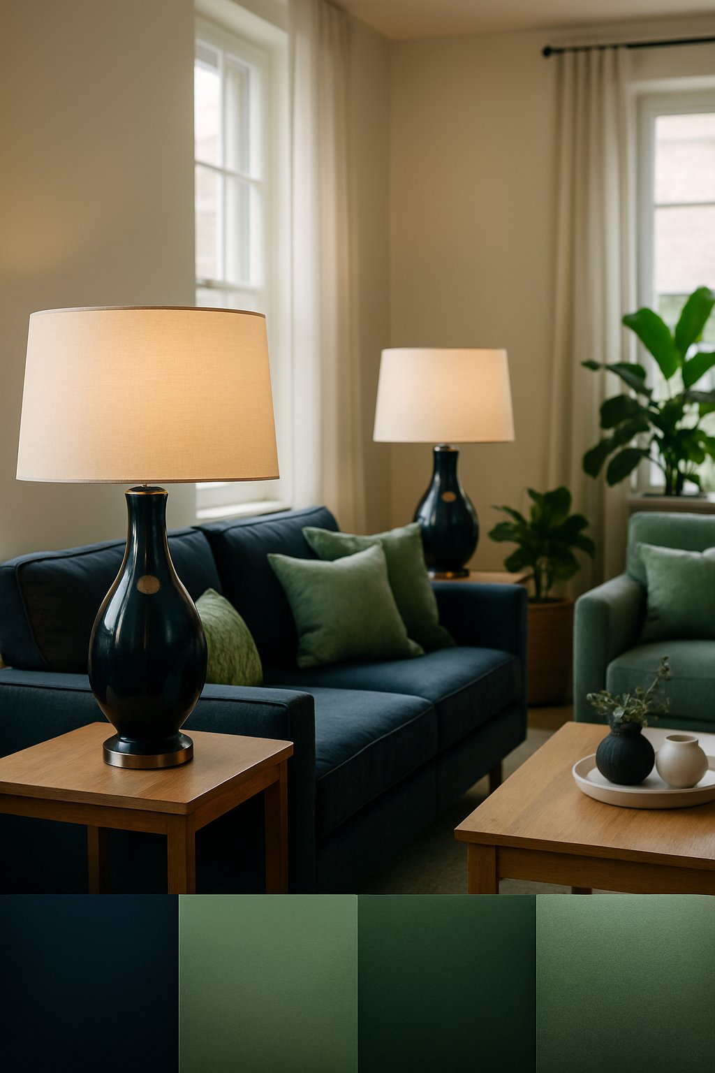 A living room with navy blue glass lamps glowing softly, surrounded by navy and sage green furniture and decor.