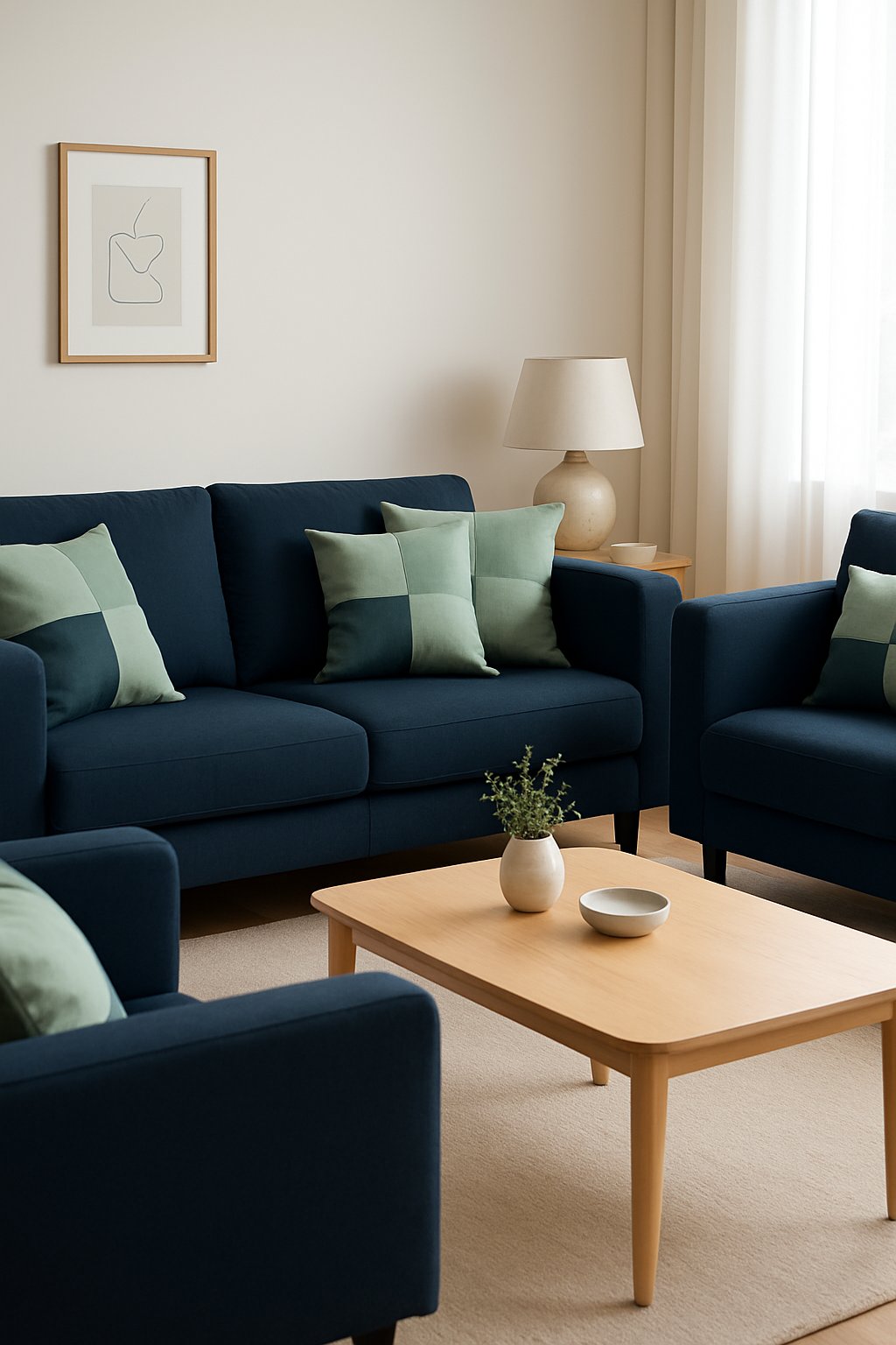 Living room with navy blue seating and sage green color-blocked cushions arranged on a sofa and chairs.