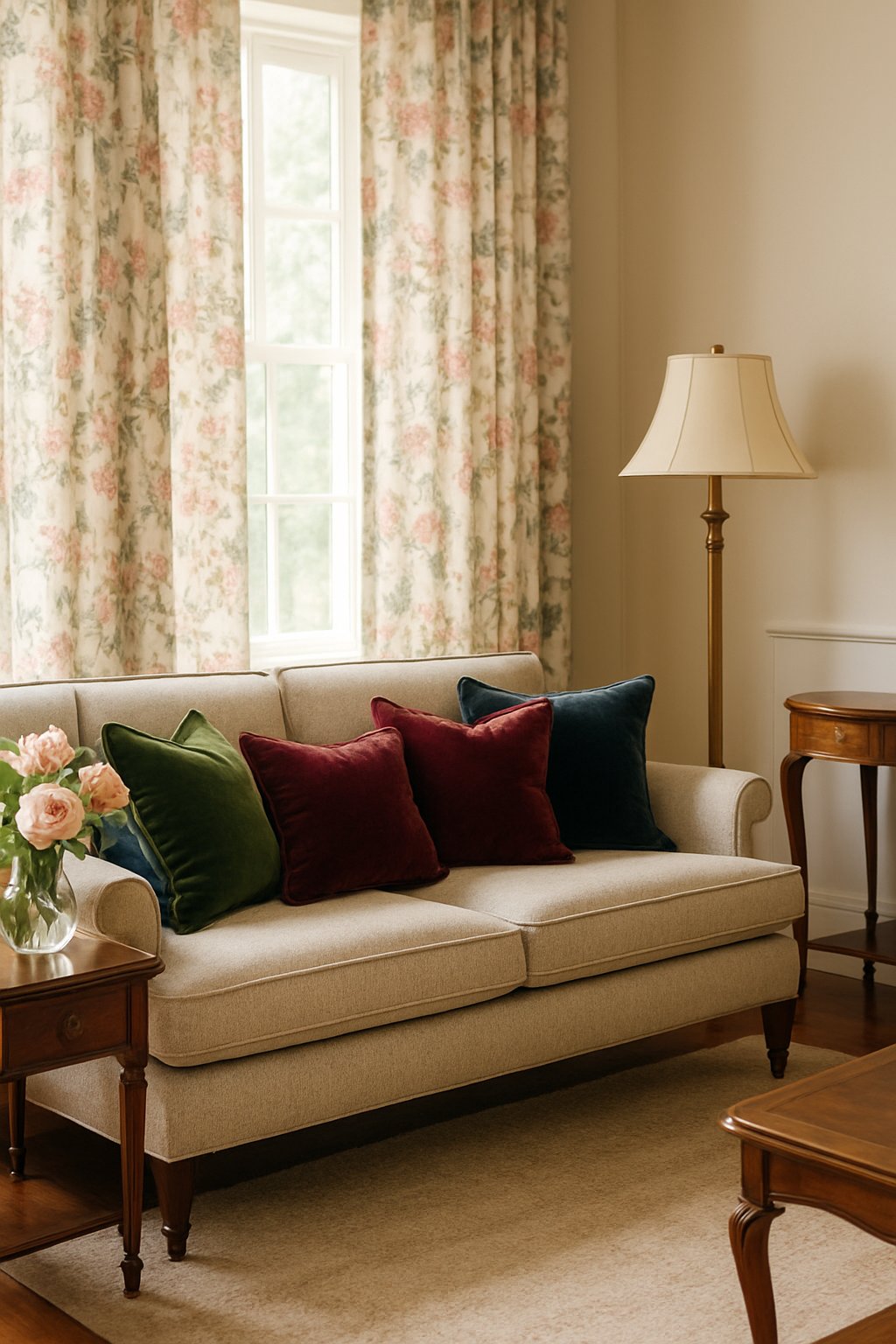 Living room with floral patterned curtains and velvet throw pillows on a sofa, featuring vintage furniture and soft natural lighting.