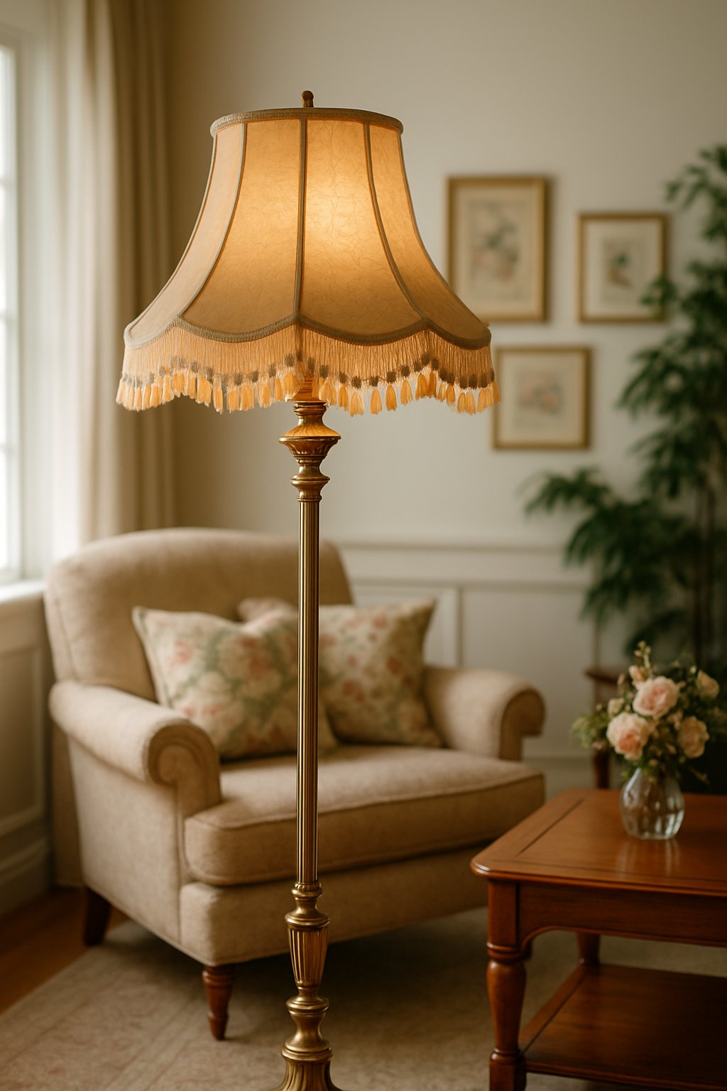 A vintage brass floor lamp with a tasseled shade standing in a cozy living room with an armchair, side table, and plants.