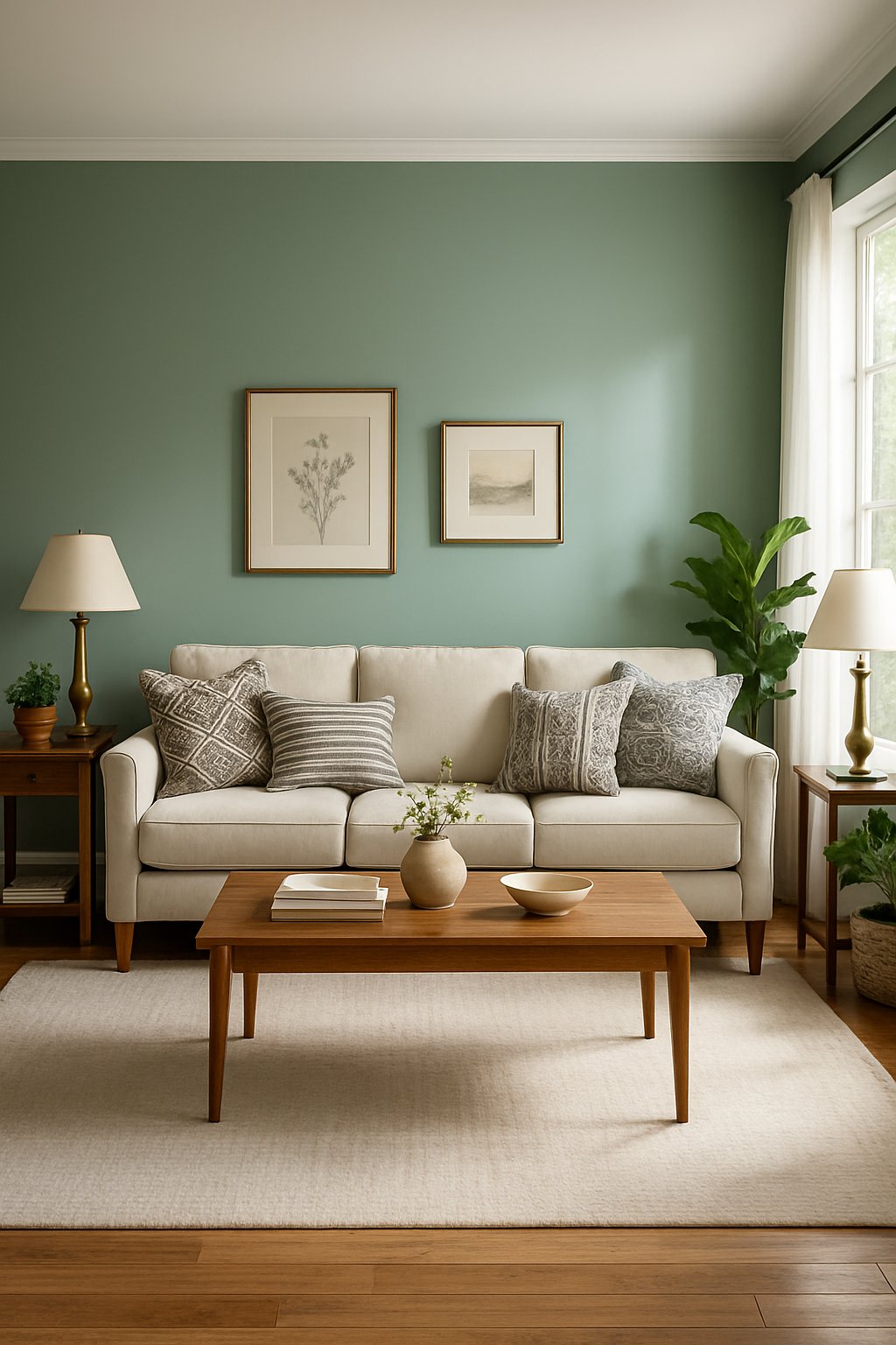 Living room with a soft green accent wall, sofa, coffee table, plants, and natural light.