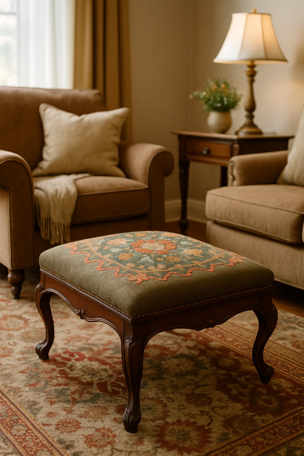 A living room with an antique needlepoint footstool in front of an armchair and a side table, illuminated by natural light.