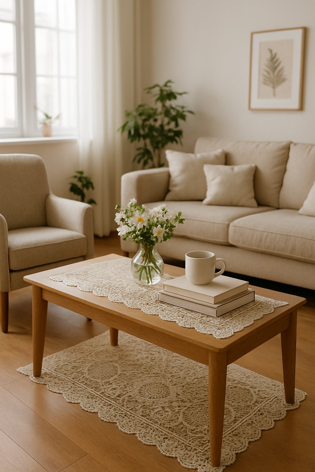 A living room with a coffee table covered by a crocheted lace table runner, surrounded by chairs and a sofa, with natural light and decorative items on the table.