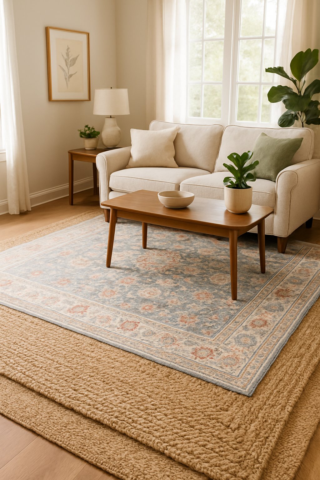 Living room with a braided jute rug layered beneath a floral patterned carpet, featuring a sofa and coffee table in natural light.