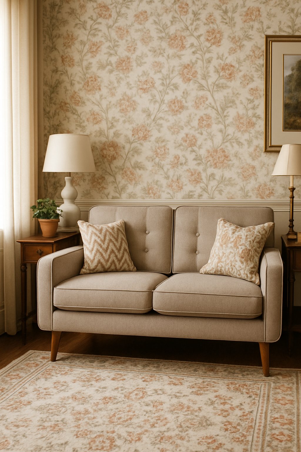 A living room with a tufted loveseat, decorative pillows, a patterned rug, and soft natural lighting.