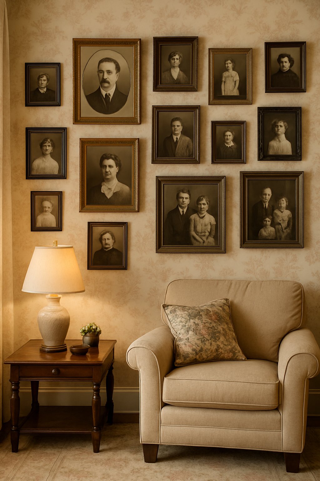 A living room with a wall covered in various vintage family portraits in different frames and cozy furniture nearby.