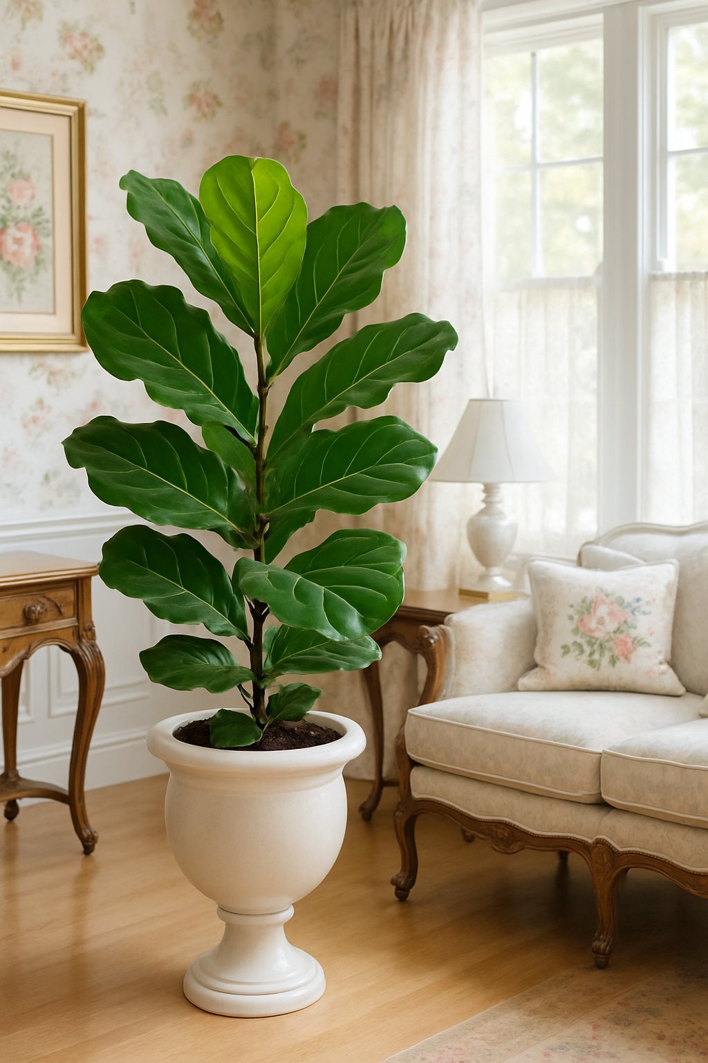 A white ceramic urn planter with a fiddle leaf fig plant in a bright living room with vintage furniture and floral wallpaper.
