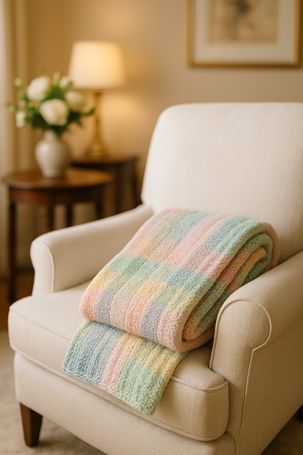 A light-colored armchair with a folded pastel knitted blanket draped over its arm in a cozy living room.