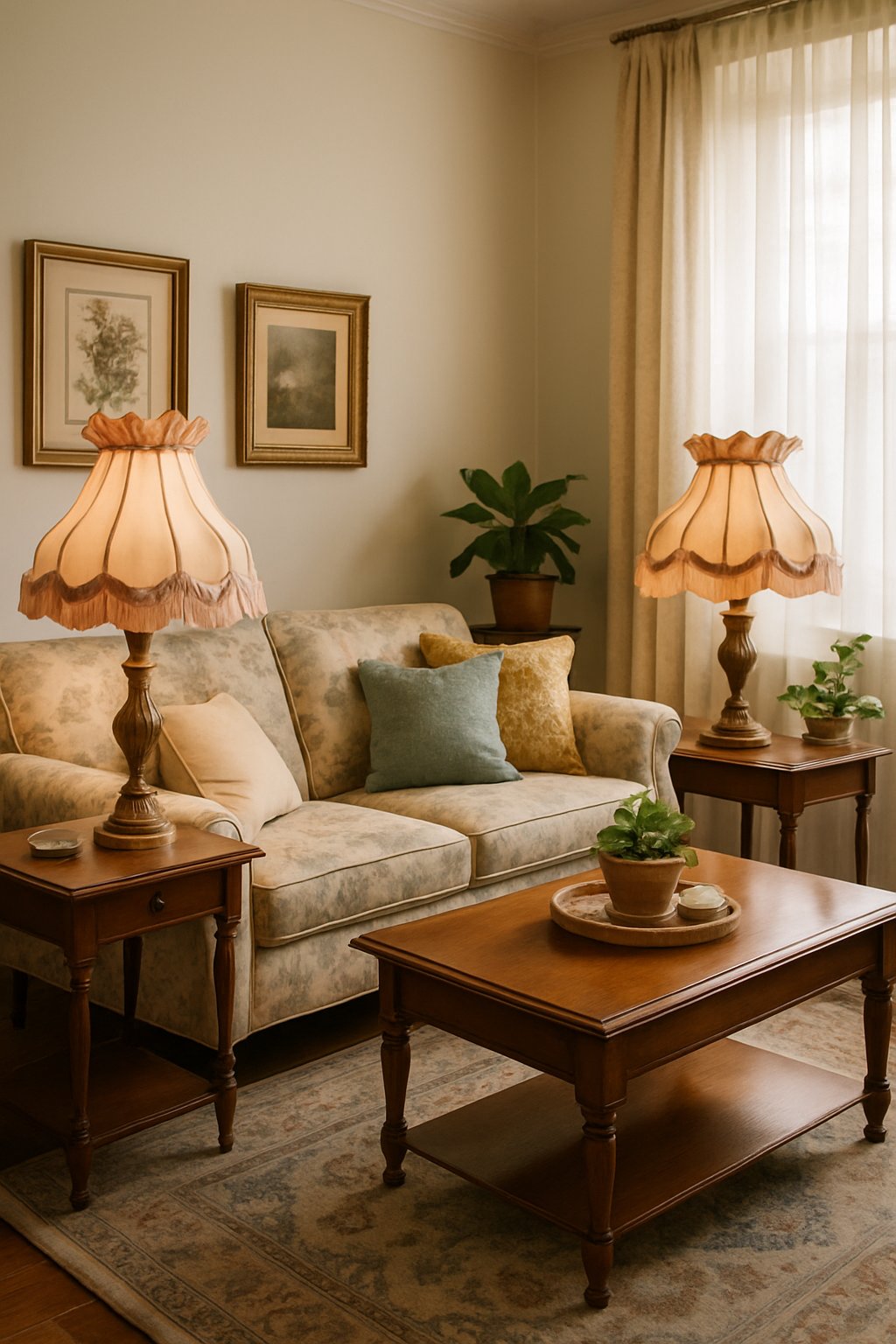 A living room with a sofa, wooden coffee table, plants, and lamps with ruffled and fringed lampshades.