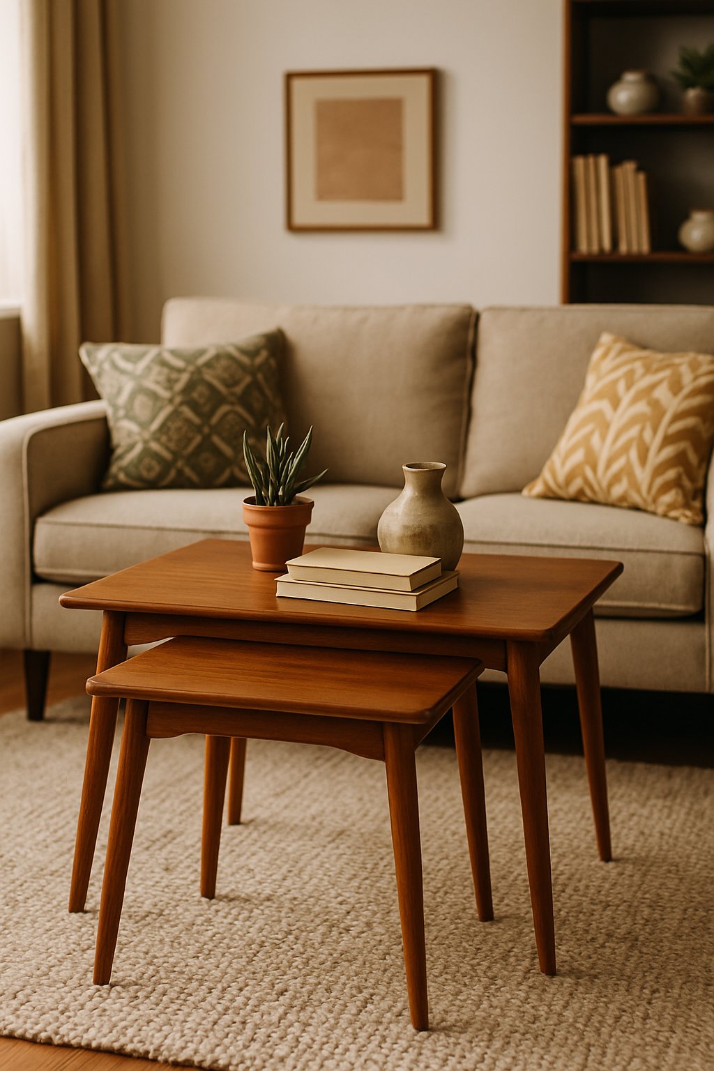 Living room with wooden nesting coffee tables, sofa, decorative cushions, and a bookshelf in the background.