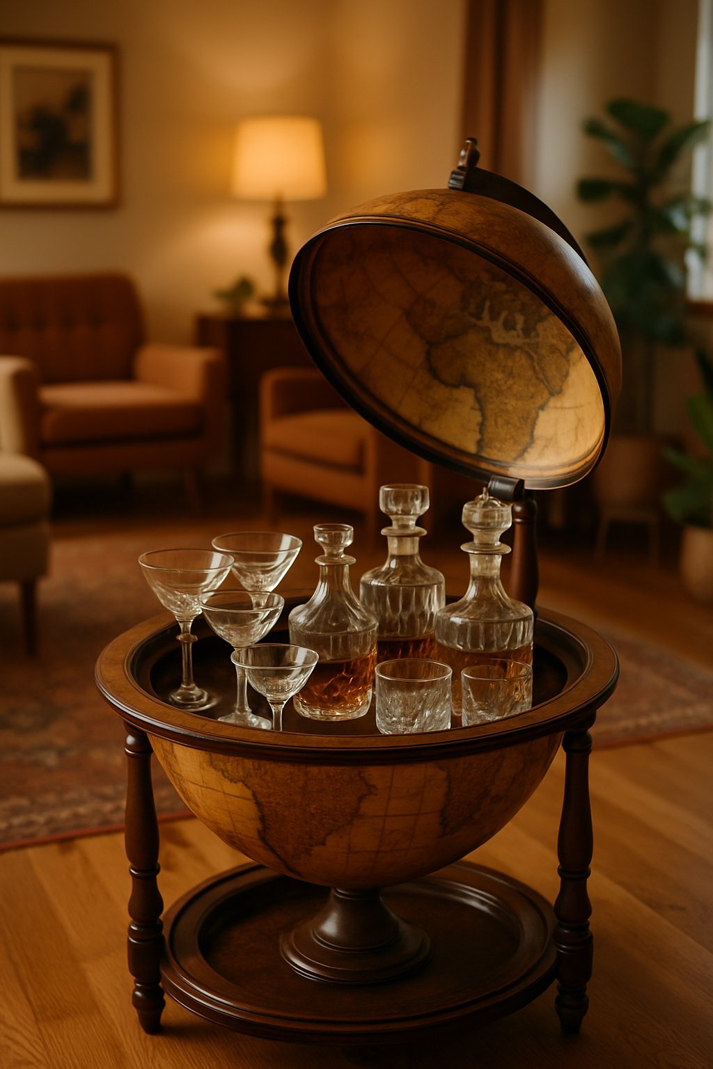 A vintage globe bar cart opened to display retro glassware in a cozy living room with comfortable chairs and decorative plants.