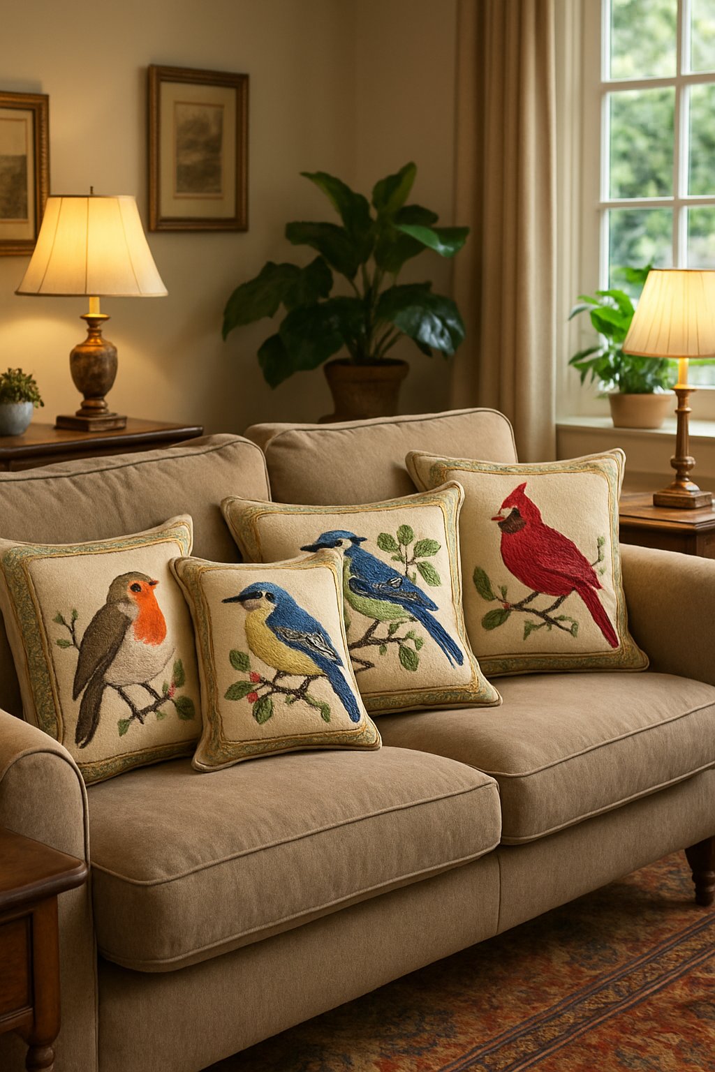 A cozy living room with a sofa decorated with needlepoint pillows featuring bird designs, surrounded by classic furniture and warm lighting.