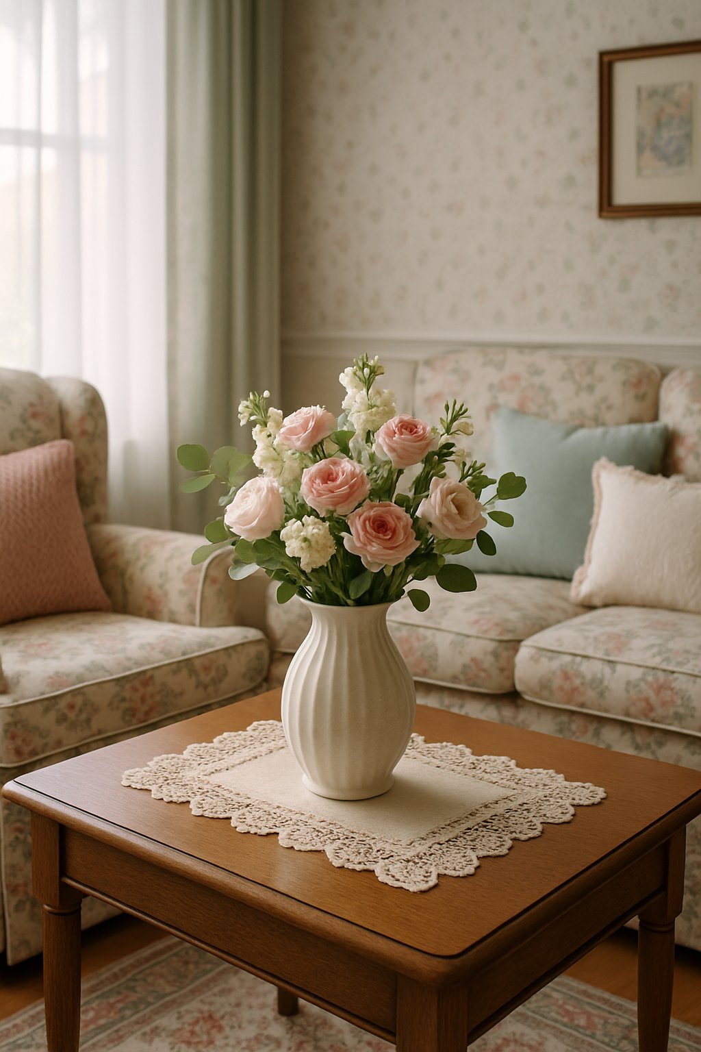 A vase with flowers sitting on a lace-edged doily on a wooden side table in a cozy living room.