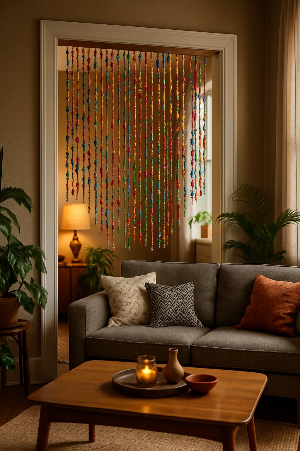 Living room with a beaded curtain hanging in the doorway, a sofa, coffee table, plants, and warm lighting.