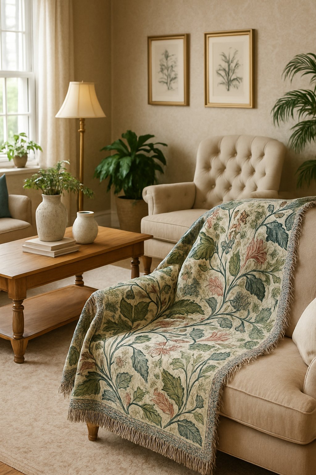 A cozy living room with a tapestry throw featuring botanical illustrations draped over a sofa, surrounded by vintage furniture, plants, and decorative accents.