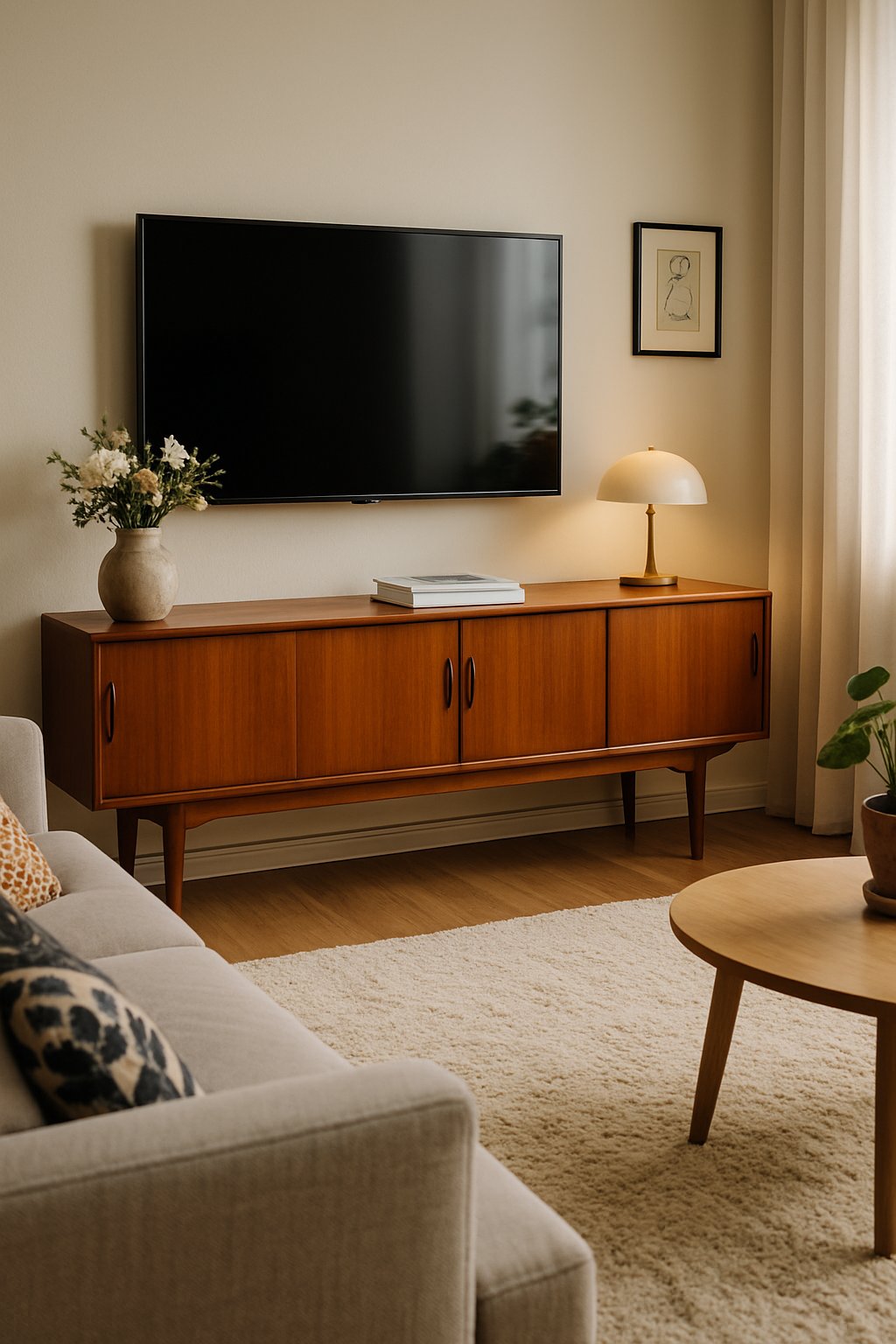 Living room with a teak sideboard under a wall-mounted TV, a sofa with cushions, and natural light coming through a window.