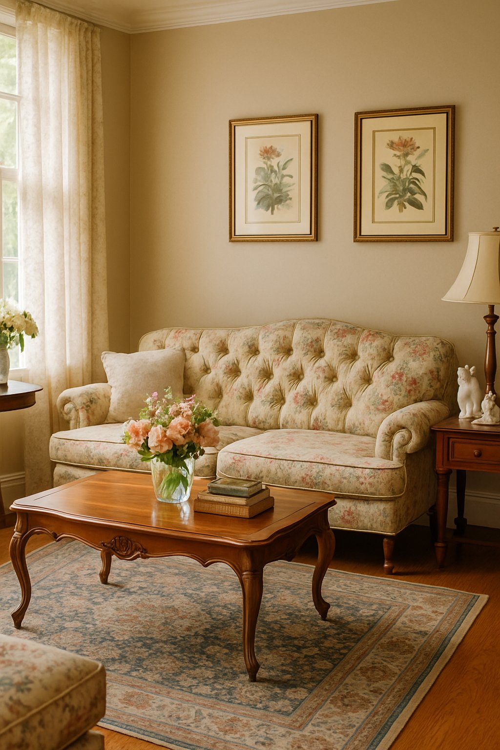 A living room with vintage furniture and porcelain cat figurines on a side table.